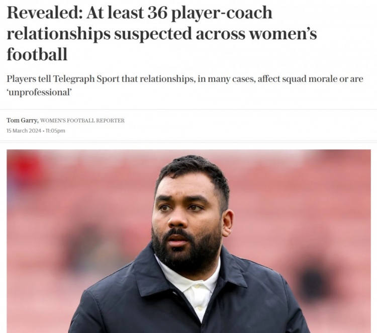 电讯报：英格兰女足各级联赛至少有36起球员教练亲密关系