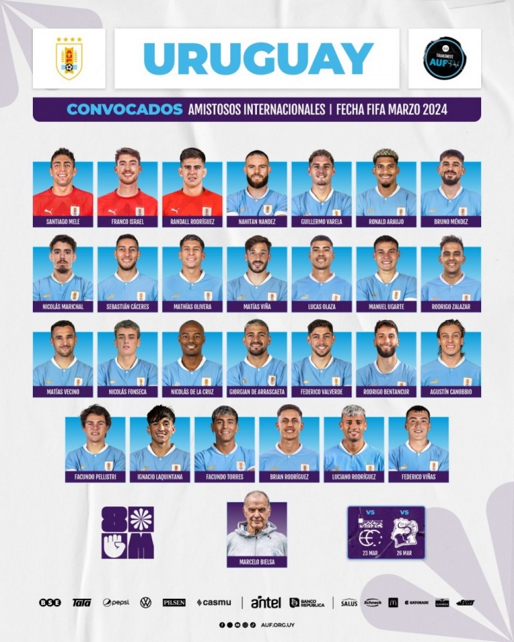 乌拉圭27人大名单：苏亚雷斯落选！巴尔韦德领衔 努涅斯伤缺